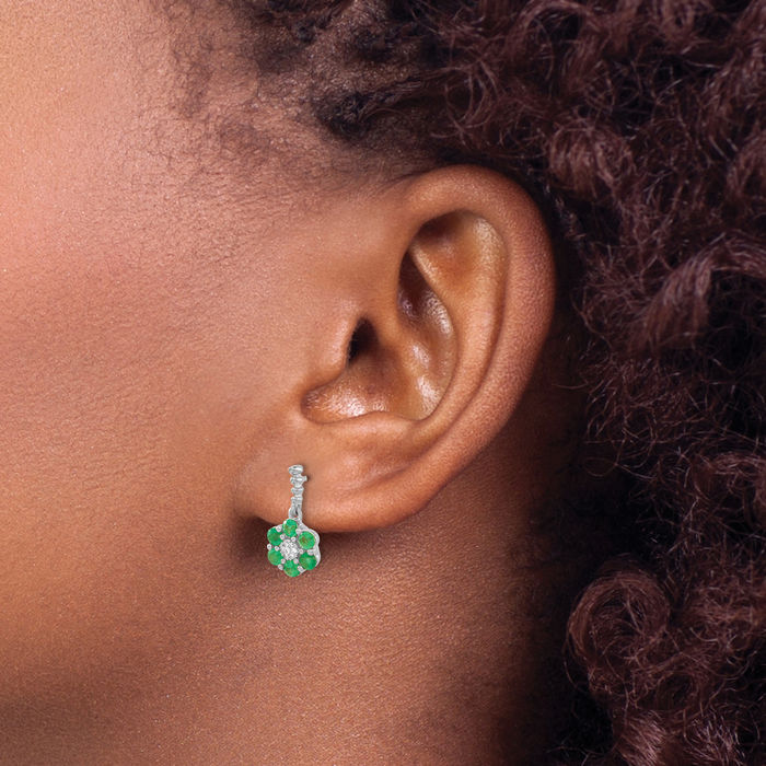 14K Solid White Gold Green Emerald Diamond Drop Dangle Earrings Gemstone Post Push Back May Birthstone Jewelry