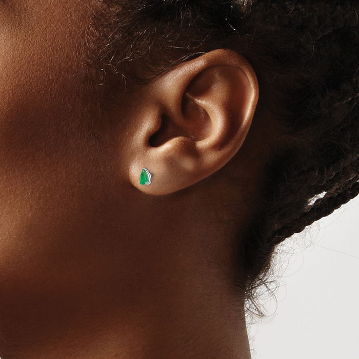 14K Solid White Gold Green Emerald Studs Pear Teardrop Gemstone Solitaire Earrings May Birthstone Jewelry