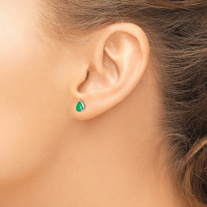 14K Solid White Gold Green Emerald Studs Pear Teardrop Gemstone Solitaire Earrings May Birthstone Jewelry