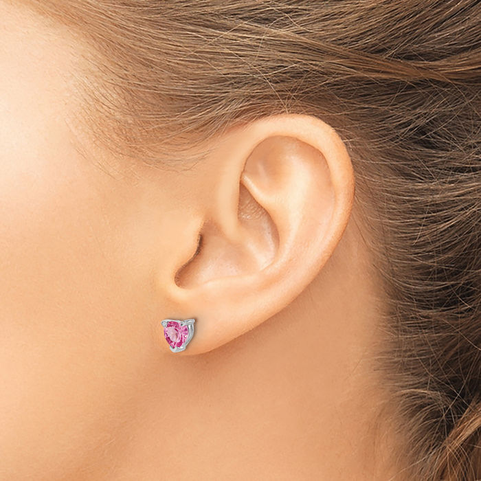 14K Solid White Gold Heart Lab Pink Sapphire Studs Gemstone Earrings October Birthstone Jewelry