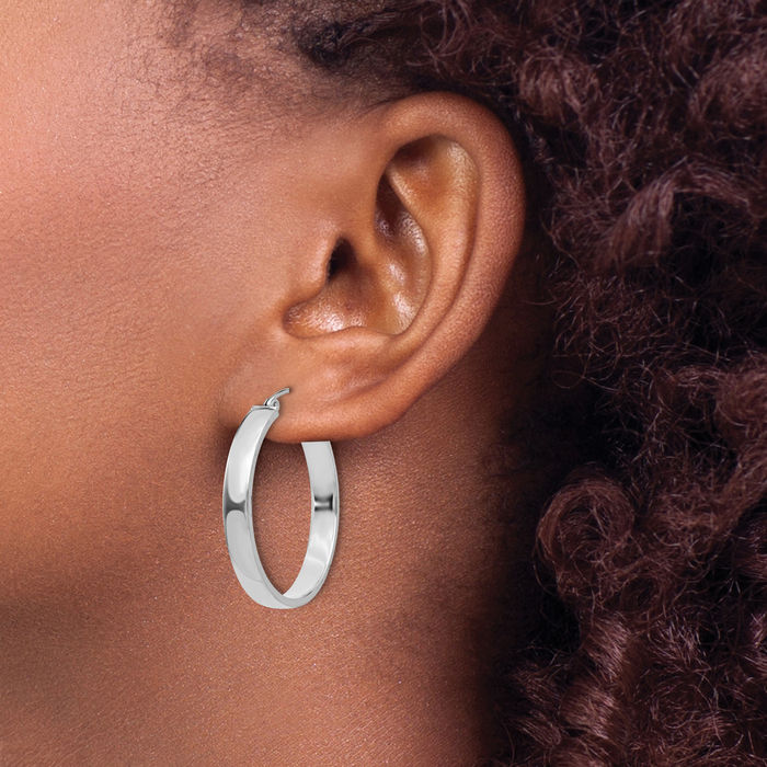14K Solid White Gold Round Medium Hoop Earrings