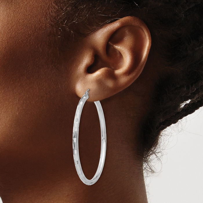 14K Solid White Gold Round Large Hoop Earrings