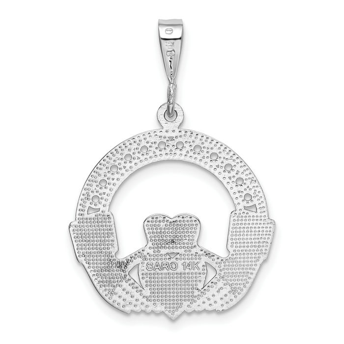 14K Solid White Gold Heart Irish Claddagh Necklace Celtic Charm Pendant Jewelry