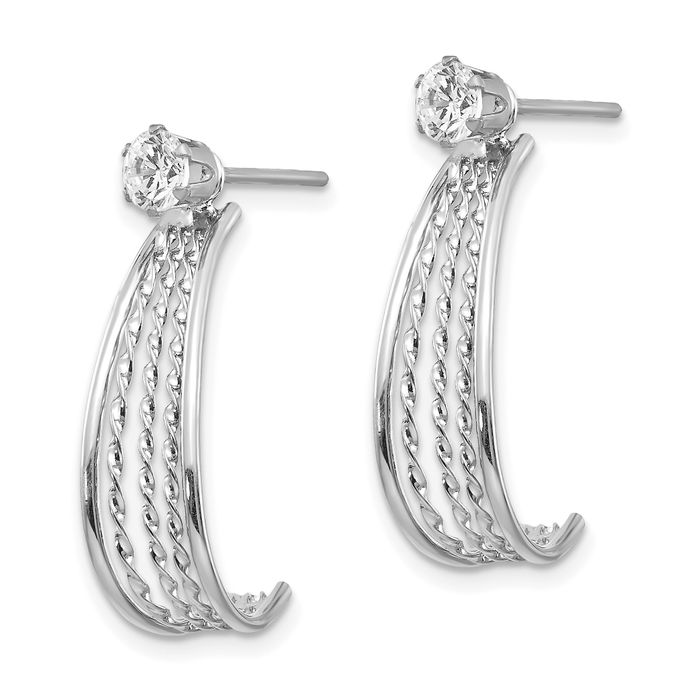 14K Solid White Gold J Medium Hoop Cubic Zirconia CZ Stud Earrings