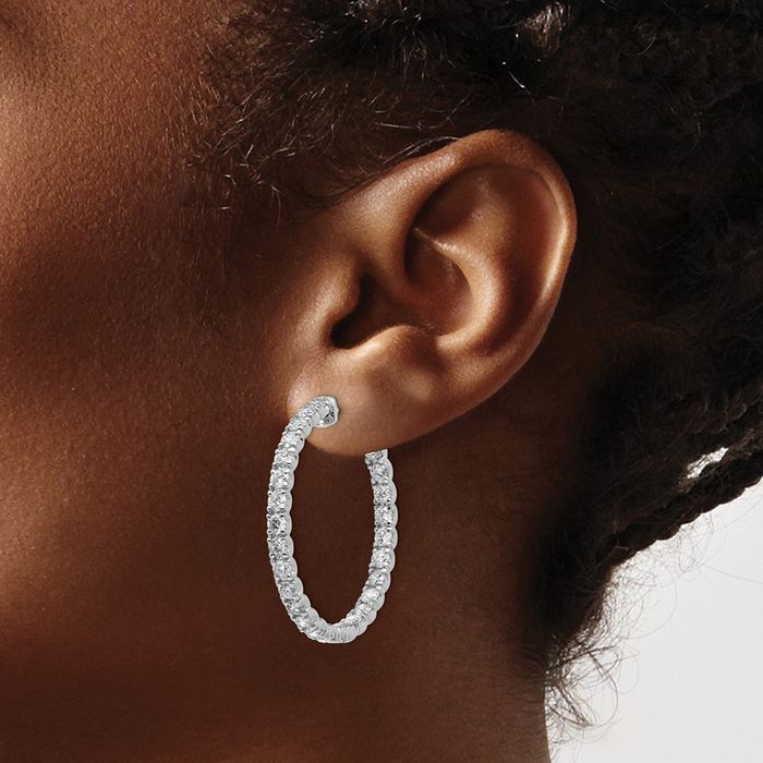 14K Solid White Gold Lab Diamond Round Hoop Earrings
