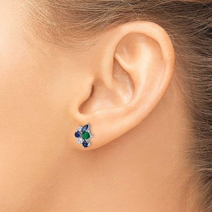 14K Solid White Gold Lab Diamond Blue Sapphire Green Emerald Studs Gemstone Earrings