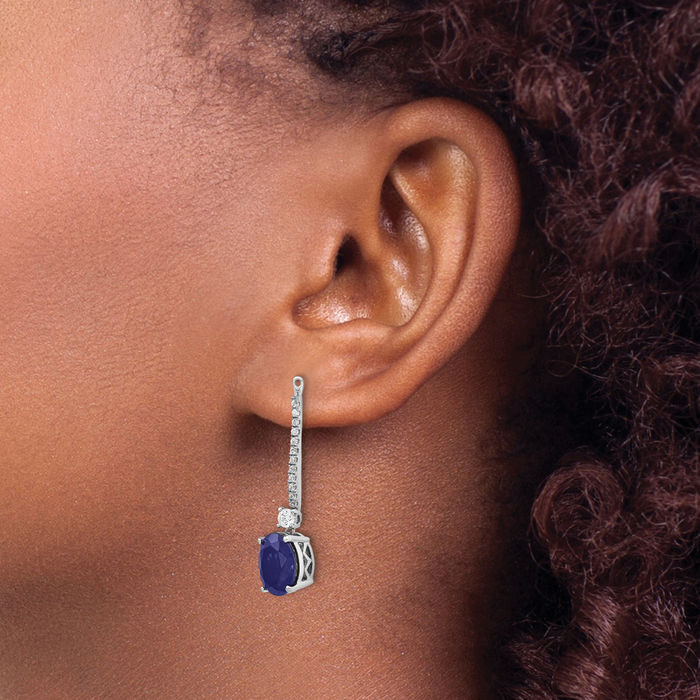 14K Solid White Gold Lab Diamond Blue Sapphire Earrings Jack