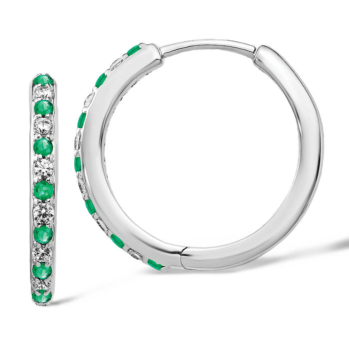 14K Solid White Gold Lab Diamond Green Emerald Round Hoop Earrings