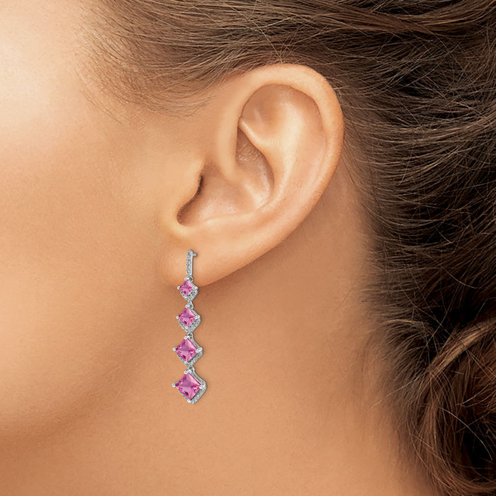 14K Solid White Gold Lab Diamond Pink Sapphire Line Bar Drop Dangle Earrings Gemstone Post Push Back October Birthstone Jewelry