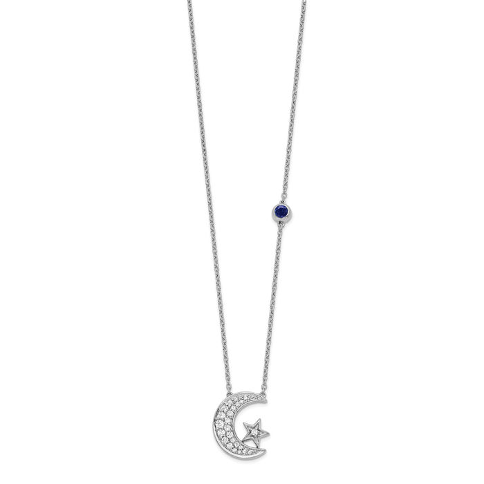 14K Solid White Gold Lab Diamond Crescent Moon Star Blue Sapphire Chain Necklace Celestial Jewelry