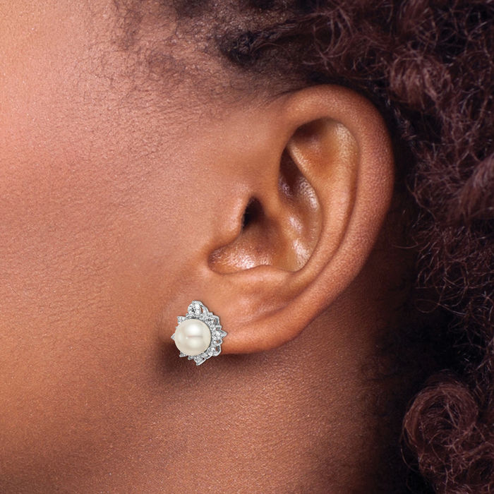 14K Solid White Gold Lab Diamond Freshwater Cultured Pearl Stud Earrings