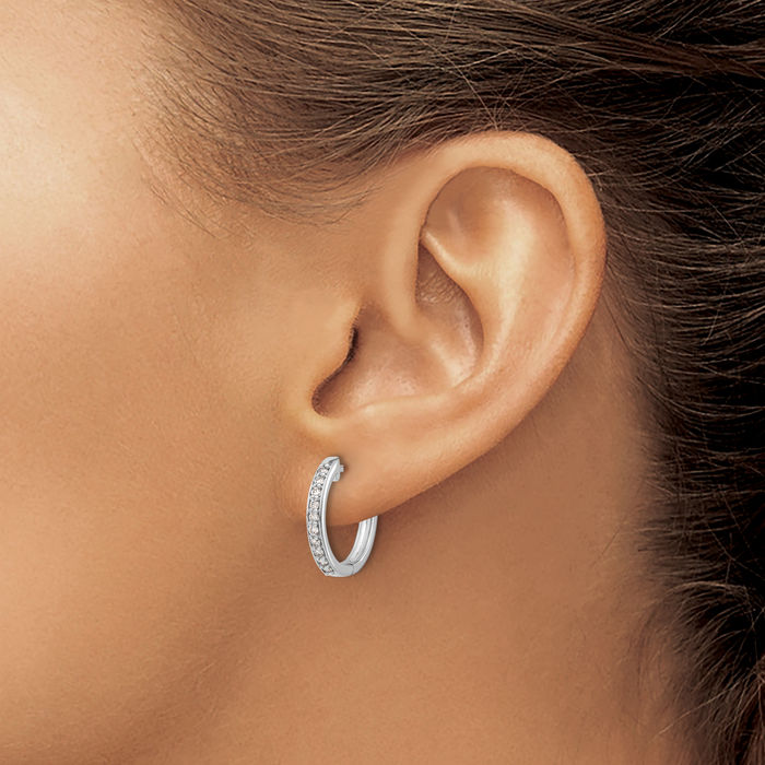 14K Solid White Gold Lab Diamond Round Hoop Earrings