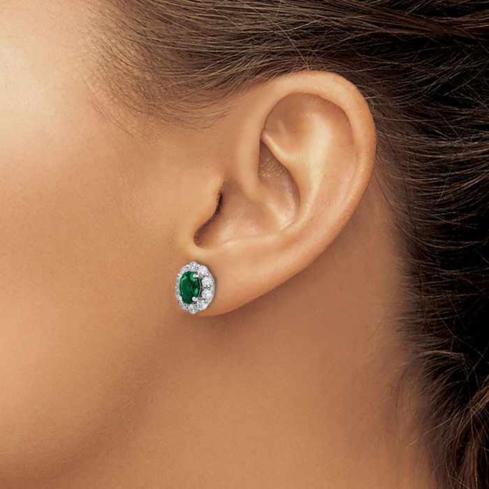 14K Solid White Gold Lab Diamond Oval Green Emerald Stud Earrings May Birthstone Jewelry