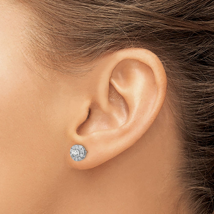 14K Solid White Gold Lab Diamond Round Halo Stud Earrings