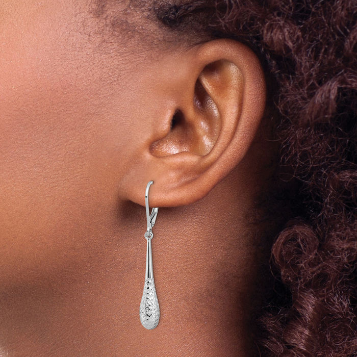 14K Solid White Gold Drop Dangle Earrings