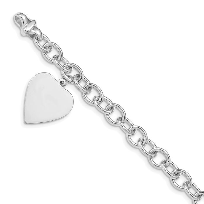 14K Solid White Gold Link Heart Charm Bracelet