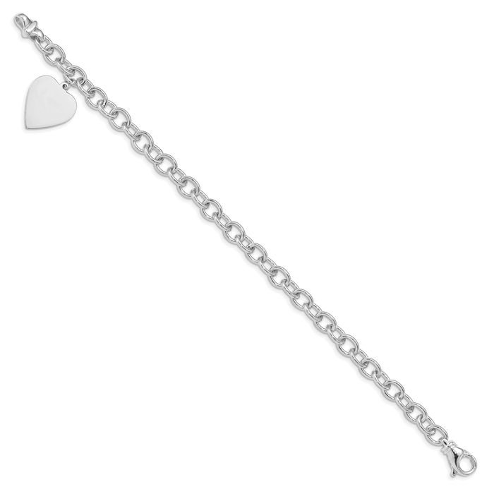 14K Solid White Gold Link Heart Charm Bracelet