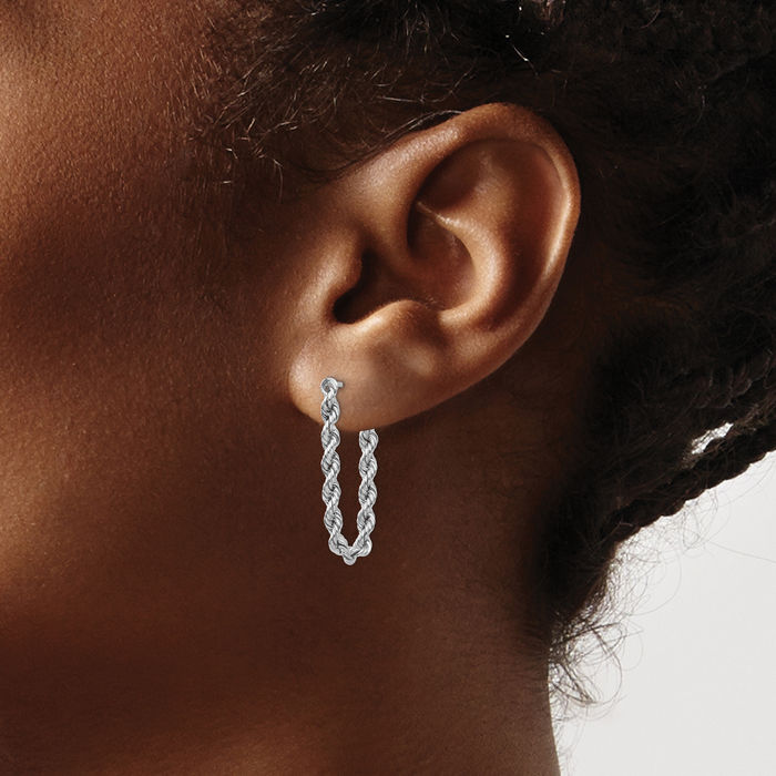 14K Solid White Gold Rope Chain Drop Dangle Earrings