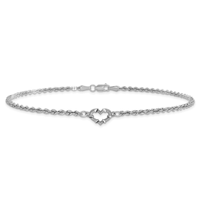 14K Solid White Gold Rope Chain Heart Anklet Summer Beach Foot Ankle Bracelet