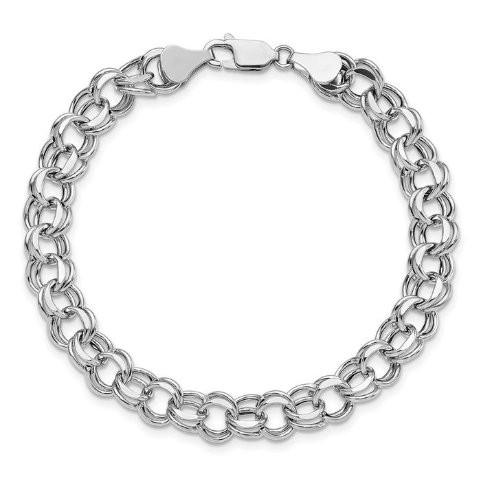 14K Solid White Gold Lite 7.5mm Double Link Chain Charm Bracelet