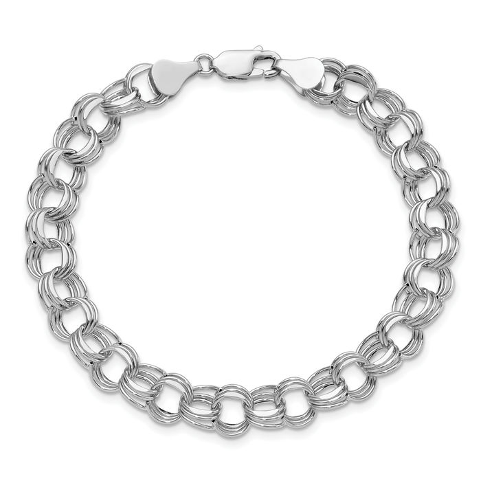 14K Solid White Gold Lite 8mm Triple Link Chain Charm Bracelet