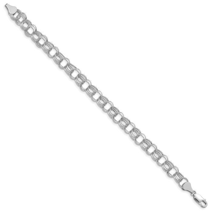 14K Solid White Gold Lite 8mm Triple Link Chain Charm Bracelet