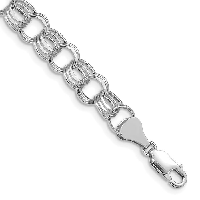 14K Solid White Gold Lite 8mm Triple Link Chain Charm Bracelet