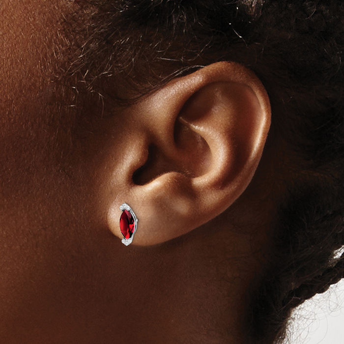 14K Solid White Gold Marquise Red Garnet Diamond Stud Earrings January Birthstone Jewelry