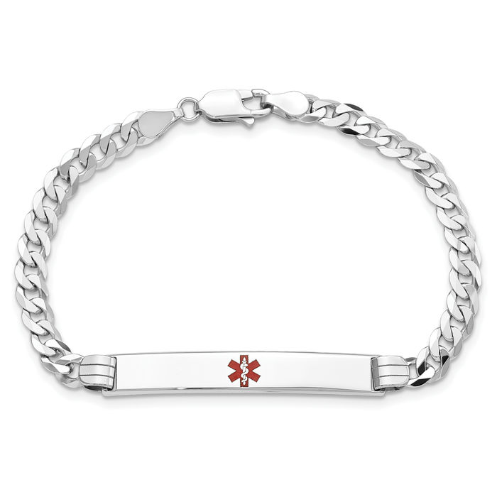 14K Solid White Gold Medical Alert Curb Link Name Bar Identification ID Bracelet