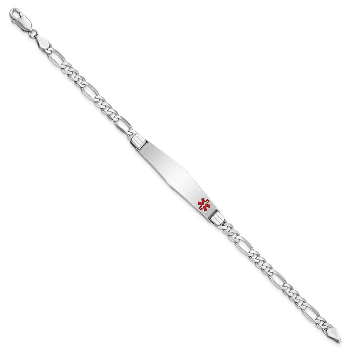 14K Solid White Gold Medical Alert Figaro Link Name Bar Identification ID Bracelet