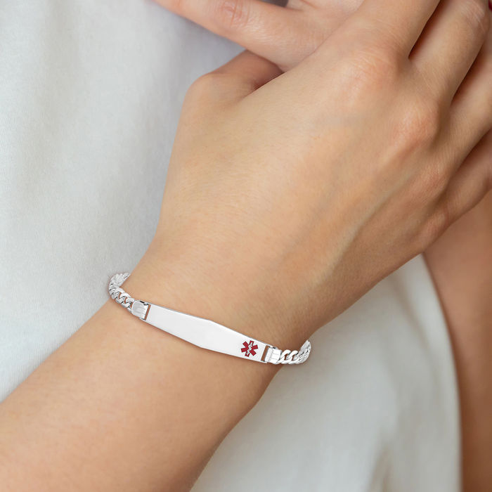 14K Solid White Gold Medical Alert Curb Link Name Bar Identification ID Bracelet