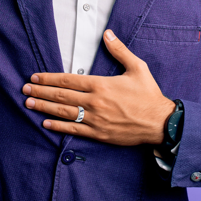 14K Solid White Gold Mens Lab Blue Sapphire Diamond Ring