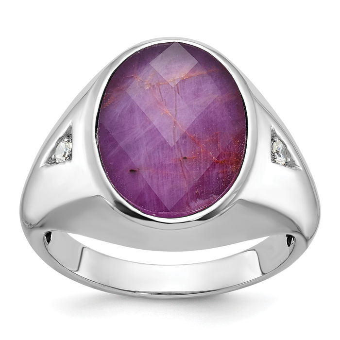14K Solid White Gold Mens Oval Ruby Stone Diamond Statement Ring - Picture 10 of 36