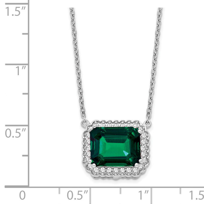 14K Solid White Gold Octagon Lab Green Emerald Diamond Necklace Chain Gemstone Pendant Charm