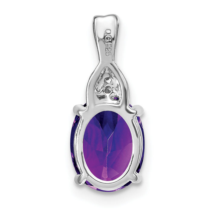 14K Solid White Gold Oval Purple Amethyst Diamond Necklace Charm Gemstone Pendant