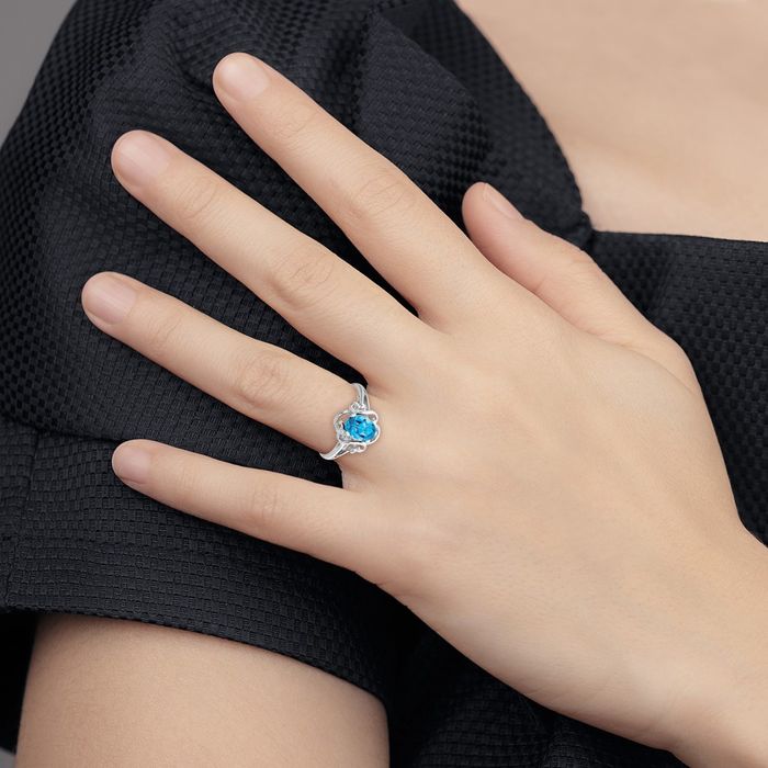 14K Solid White Gold Oval Swiss Blue Topaz Ring Gemstone Band December Birthstone Jewelry