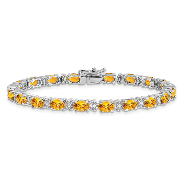 14K Solid White Gold Oval Citrine Diamond Tennis Bracelet - Picture 9 of 12