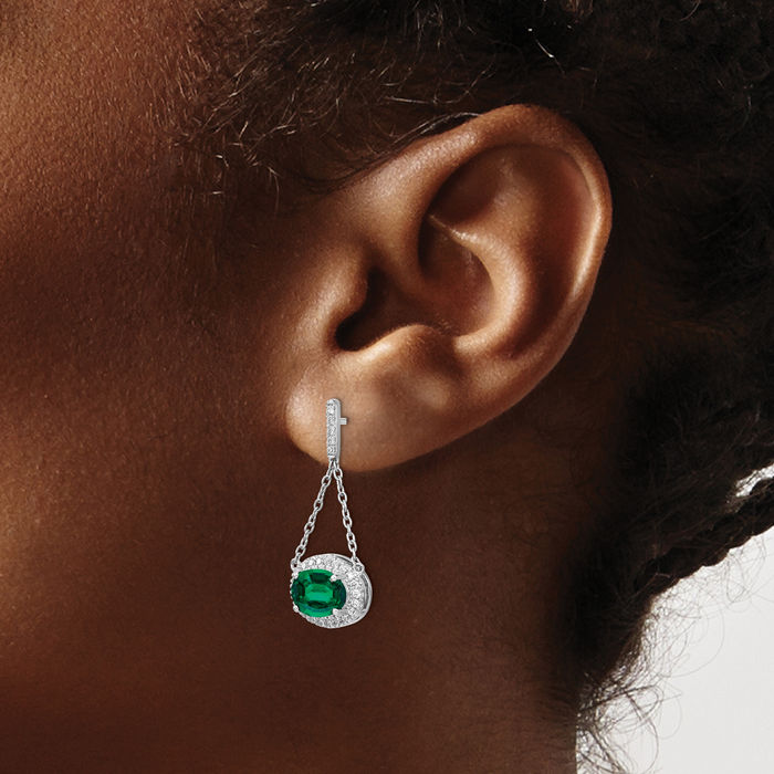 14K Solid White Gold Oval Lab Green Emerald Diamond Drop Dangle Earrings Gemstone Post Push Back May Birthstone Jewelry