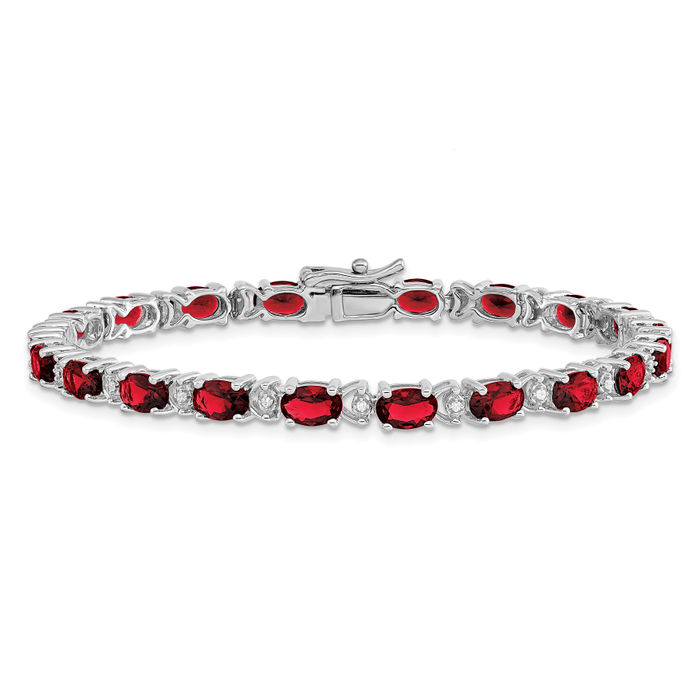 14K Solid White Gold Oval Lab Ruby Diamond Tennis Bracelet - Picture 9 of 12