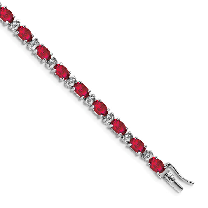 14K Solid White Gold Oval Lab Ruby Diamond Tennis Bracelet - Picture 11 of 12