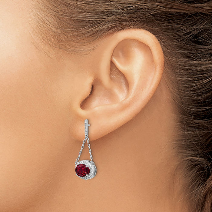 14K Solid White Gold Oval Lab Red Ruby Diamond Drop Dangle Earrings Gemstone Post Push Back July Birthstone Jewelry