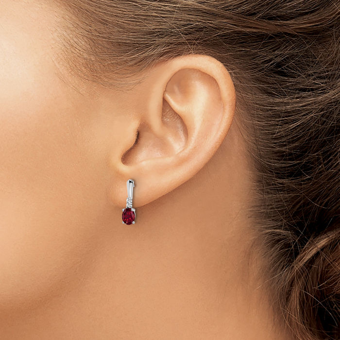 14K Solid White Gold Oval Lab Red Ruby Diamond Drop Dangle Earrings July Birthstone Jewelry