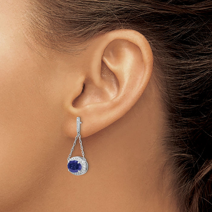 14K Solid White Gold Oval Lab Blue Sapphire Diamond Drop Dangle Earrings Gemstone Post Push Back September Birthstone Jewelry