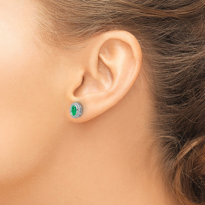 14K Solid White Gold Oval Green Emerald Stud Earrings May Birthstone Jewelry