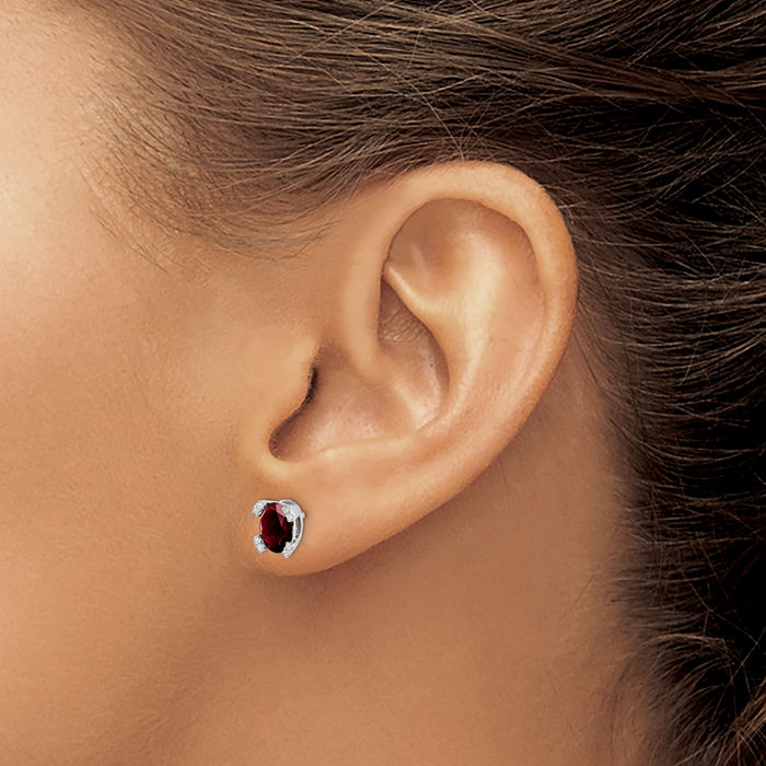 14K Solid White Gold Oval Red Garnet Diamond Stud Earrings January Birthstone Jewelry