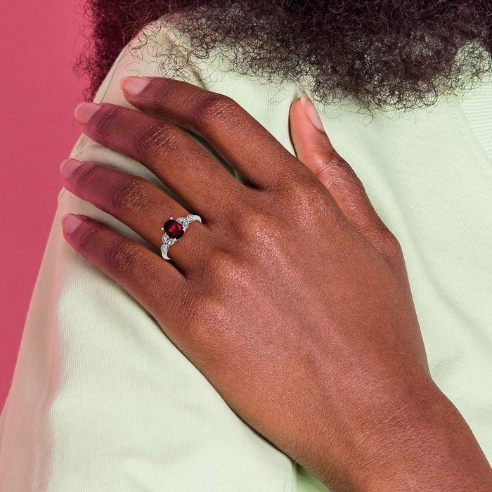 14K Solid White Gold Oval Red Garnet Diamond Ring Gemstone Band January Birthstone Jewelry