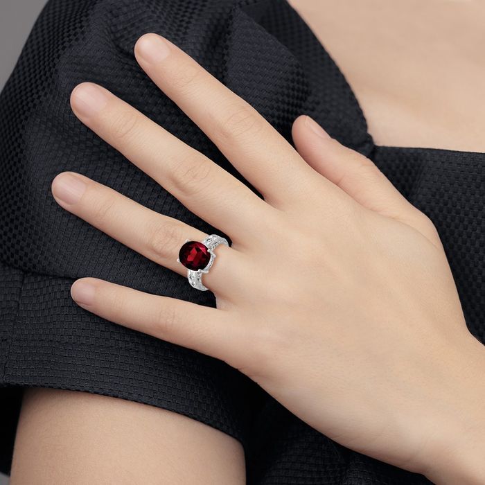 14K Solid White Gold Oval Red Garnet Diamond Ring Gemstone Band January Birthstone Jewelry