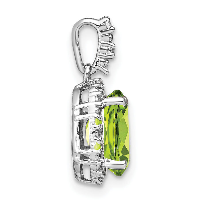 14K Solid White Gold Oval Green Peridot Diamond Halo Necklace Charm Gemstone Pendant