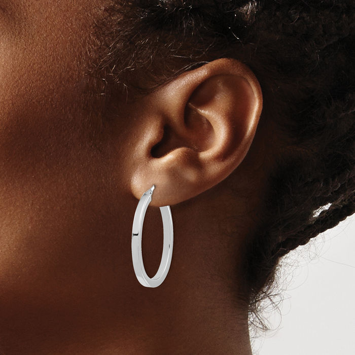 14K Solid White Gold Oval Medium Hoop Earrings