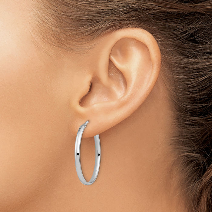 14K Solid White Gold Oval Medium Hoop Earrings